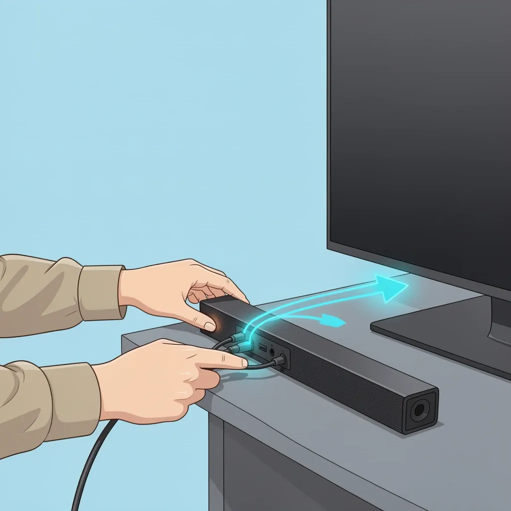 Hands connecting an optical cable from a Vizio sound bar to a TV during setup
