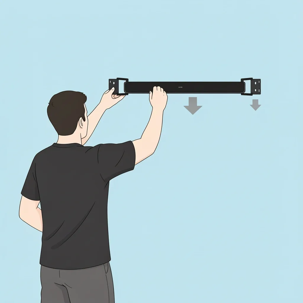 Person hanging a Vizio soundbar onto a wall-mounted bracket